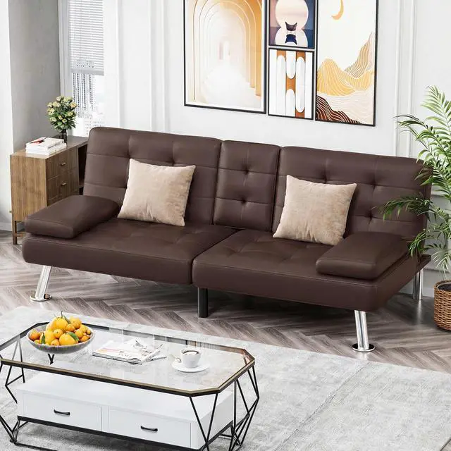 Alt view image 2 of 7 - Futon Sofa Bed, Leather Futon Couch with Removable Armrests, Adjustable Recliner Sleeper Sofa Bed with Dual Cup Holders for Living Room, Apartment, Office (Brown)