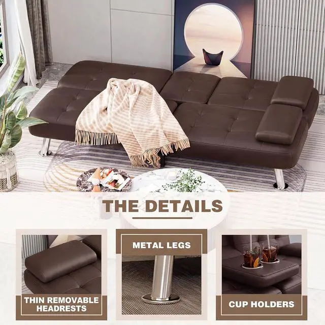 Alt view image 6 of 7 - Futon Sofa Bed, Leather Futon Couch with Removable Armrests, Adjustable Recliner Sleeper Sofa Bed with Dual Cup Holders for Living Room, Apartment, Office (Brown)