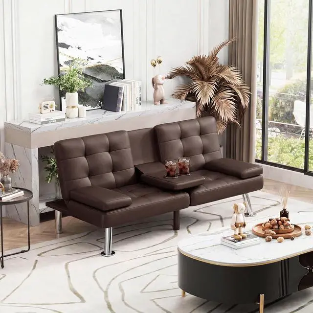 Alt view image 7 of 7 - Futon Sofa Bed, Leather Futon Couch with Removable Armrests, Adjustable Recliner Sleeper Sofa Bed with Dual Cup Holders for Living Room, Apartment, Office (Brown)
