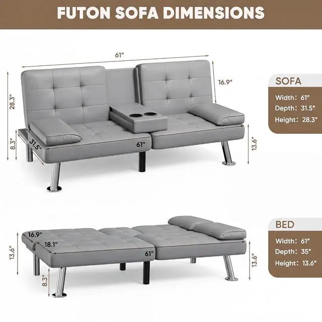 Alt view image 3 of 7 - Futon Sofa Bed, Leather Futon Couch with Removable Armrests, Adjustable Recliner Sleeper Sofa Bed with Dual Cup Holders for Living Room, Apartment, Office (Gray)