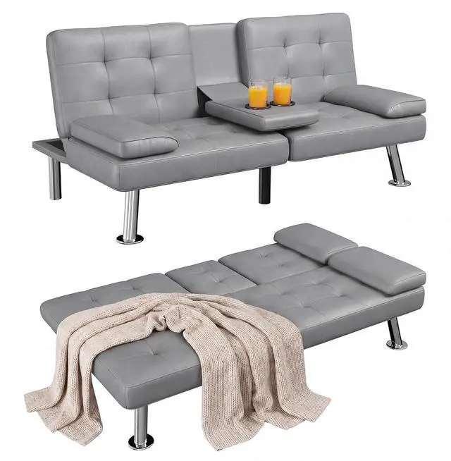 Main image of Futon Sofa Bed, Leather Futon Couch with Removable Armrests, Adjustable Recliner Sleeper Sofa Bed with Dual Cup Holders for Living Room, Apartment, Office (Gray)