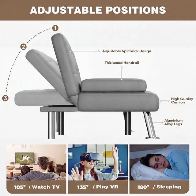 Alt view image 4 of 7 - Futon Sofa Bed, Leather Futon Couch with Removable Armrests, Adjustable Recliner Sleeper Sofa Bed with Dual Cup Holders for Living Room, Apartment, Office (Gray)