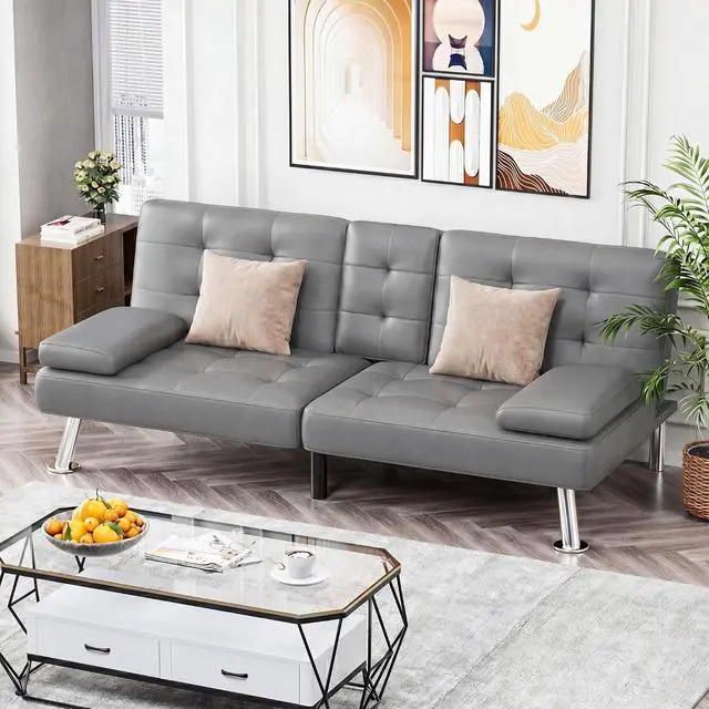 Alt view image 2 of 7 - Futon Sofa Bed, Leather Futon Couch with Removable Armrests, Adjustable Recliner Sleeper Sofa Bed with Dual Cup Holders for Living Room, Apartment, Office (Gray)