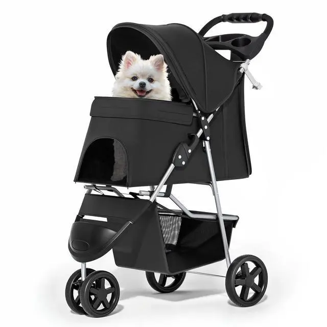 Main image of Foldable Pet Stroller with Weather Cover, 3 Wheels Pet Strolling Cart for Small/Medium Dogs and Cats with Storage Basket and Cup Holder, Breathable and Visible Mesh for All-Season, Black