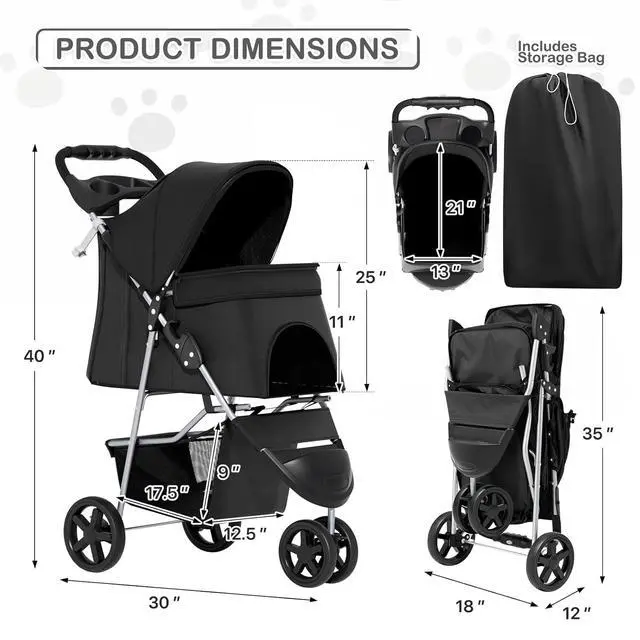 Alt view image 2 of 7 - Foldable Pet Stroller with Weather Cover, 3 Wheels Pet Strolling Cart for Small/Medium Dogs and Cats with Storage Basket and Cup Holder, Breathable and Visible Mesh for All-Season, Black
