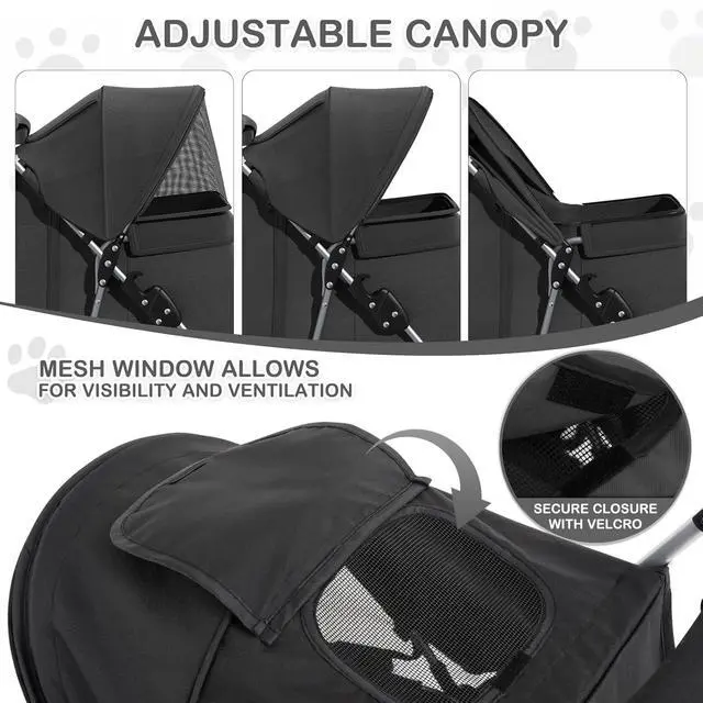 Alt view image 3 of 7 - Foldable Pet Stroller with Weather Cover, 3 Wheels Pet Strolling Cart for Small/Medium Dogs and Cats with Storage Basket and Cup Holder, Breathable and Visible Mesh for All-Season, Black