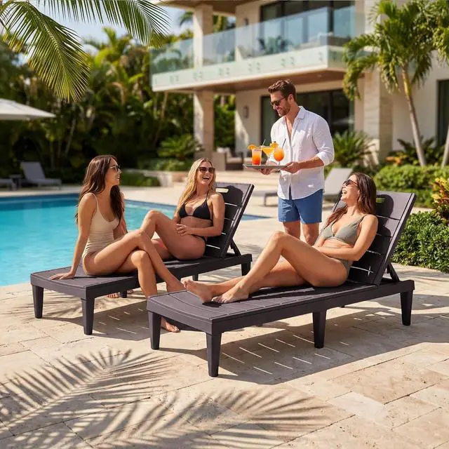 Alt view image 2 of 7 - Patio Chaise Lounge Chairs Set of 2, Outdoor Lightweight Lounge Chairs, 5 Position Adjustments Backrest for Outside Pool, Garden, Patio and Beach, Deep Brown