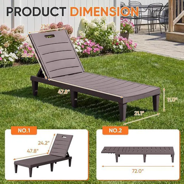Alt view image 3 of 7 - Patio Chaise Lounge Chairs Set of 2, Outdoor Lightweight Lounge Chairs, 5 Position Adjustments Backrest for Outside Pool, Garden, Patio and Beach, Deep Brown