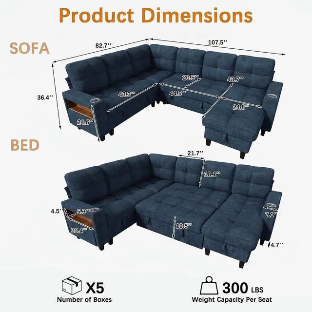 Alt view image 3 of 7 - 108" Modular Sectional Sofa with Pull Out Bed, Sectional Couch | Multiple Storage, USB & Type-C Charging, LED Lighting, 2 Cup Holder, L/U Shaped, Chenille, for Living Room, Apartment, Blue