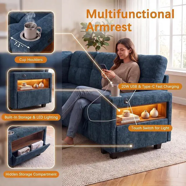 Alt view image 4 of 7 - 108" Modular Sectional Sofa with Pull Out Bed, Sectional Couch | Multiple Storage, USB & Type-C Charging, LED Lighting, 2 Cup Holder, L/U Shaped, Chenille, for Living Room, Apartment, Blue