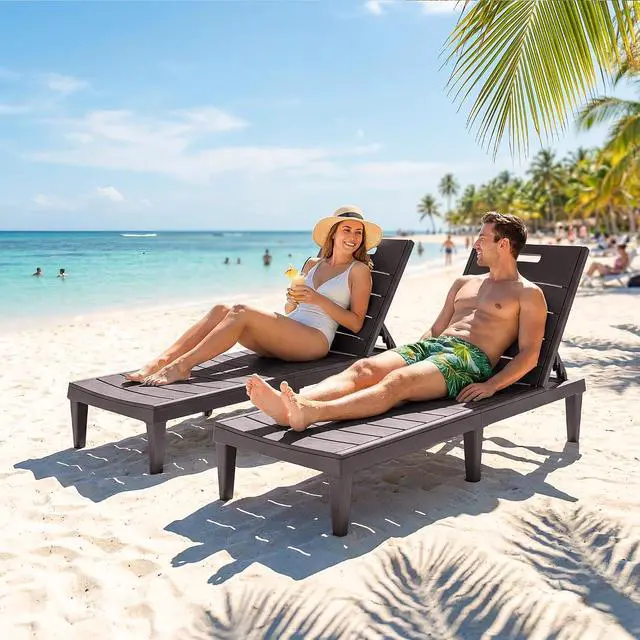 Alt view image 7 of 7 - Patio Chaise Lounge Chairs Set of 2, Outdoor Lightweight Lounge Chairs, 5 Position Adjustments Backrest for Outside Pool, Garden, Patio and Beach, Deep Brown
