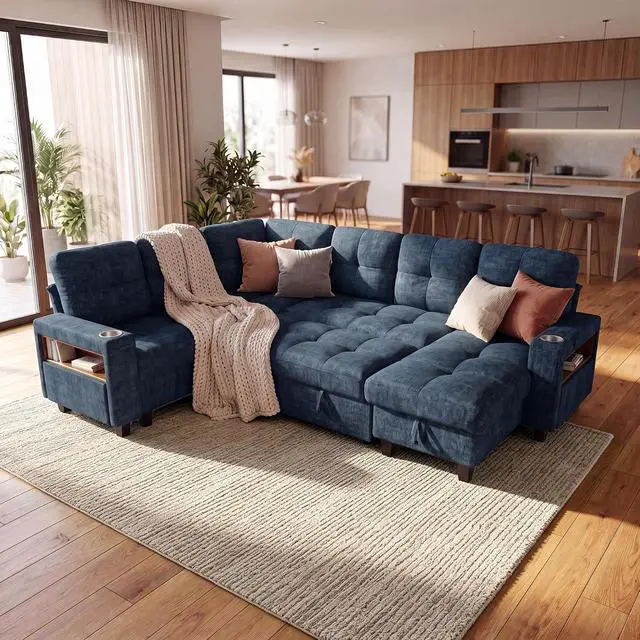 Alt view image 2 of 7 - 108" Modular Sectional Sofa with Pull Out Bed, Sectional Couch | Multiple Storage, USB & Type-C Charging, LED Lighting, 2 Cup Holder, L/U Shaped, Chenille, for Living Room, Apartment, Blue