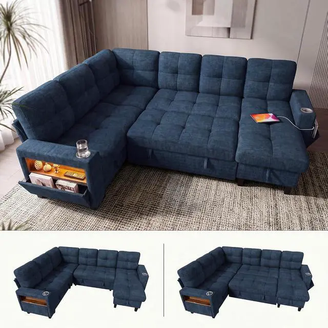 Main image of 108" Modular Sectional Sofa with Pull Out Bed, Sectional Couch | Multiple Storage, USB & Type-C Charging, LED Lighting, 2 Cup Holder, L/U Shaped, Chenille, for Living Room, Apartment, Blue