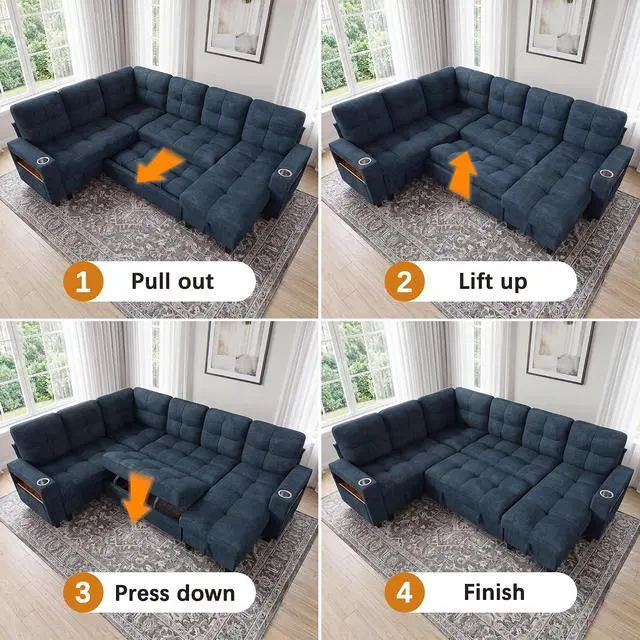 Alt view image 5 of 7 - 108" Modular Sectional Sofa with Pull Out Bed, Sectional Couch | Multiple Storage, USB & Type-C Charging, LED Lighting, 2 Cup Holder, L/U Shaped, Chenille, for Living Room, Apartment, Blue