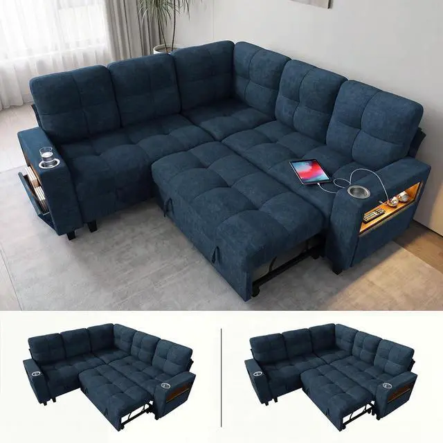 Main image of 83" Modular Sectional Sofa with Pull Out Bed, Sectional Couch | Multiple Storage, USB & Type-C Charging, LED Lighting, 2 Cup Holder, L/U Shaped, Chenille, for Living Room, Apartment, Blue