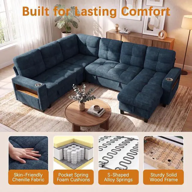Alt view image 6 of 7 - 108" Modular Sectional Sofa with Pull Out Bed, Sectional Couch | Multiple Storage, USB & Type-C Charging, LED Lighting, 2 Cup Holder, L/U Shaped, Chenille, for Living Room, Apartment, Blue