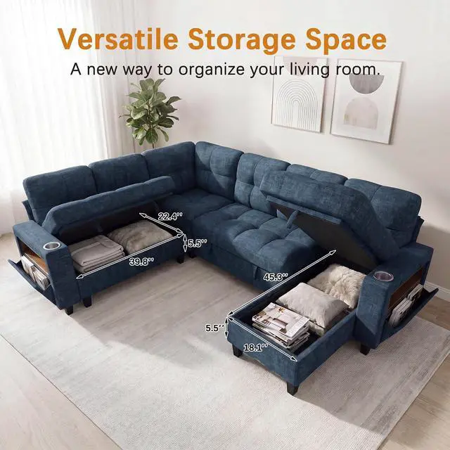Alt view image 7 of 7 - 108" Modular Sectional Sofa with Pull Out Bed, Sectional Couch | Multiple Storage, USB & Type-C Charging, LED Lighting, 2 Cup Holder, L/U Shaped, Chenille, for Living Room, Apartment, Blue
