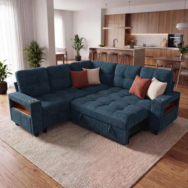 Alt view image 2 of 7 - 83" Modular Sectional Sofa with Pull Out Bed, Sectional Couch | Multiple Storage, USB & Type-C Charging, LED Lighting, 2 Cup Holder, L/U Shaped, Chenille, for Living Room, Apartment, Blue