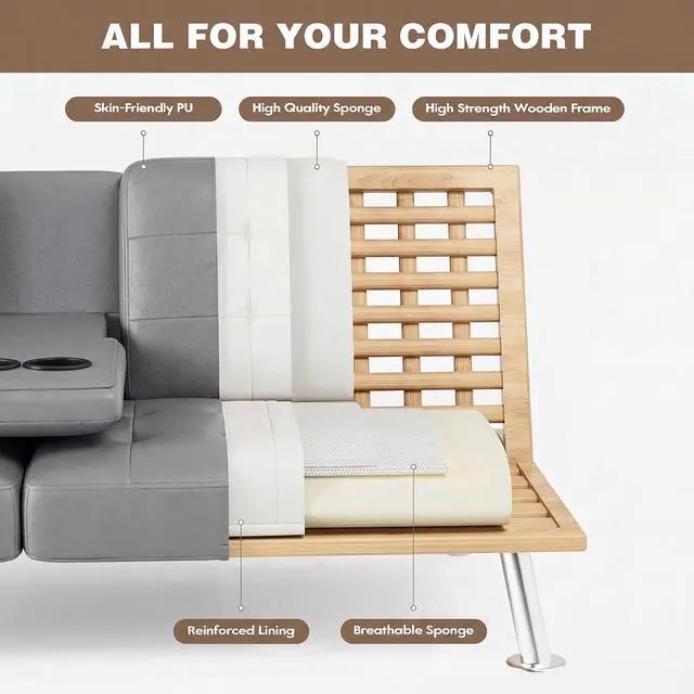 Alt view image 5 of 7 - Futon Sofa Bed, Leather Futon Couch with Removable Armrests, Adjustable Recliner Sleeper Sofa Bed with Dual Cup Holders for Living Room, Apartment, Office (Gray)