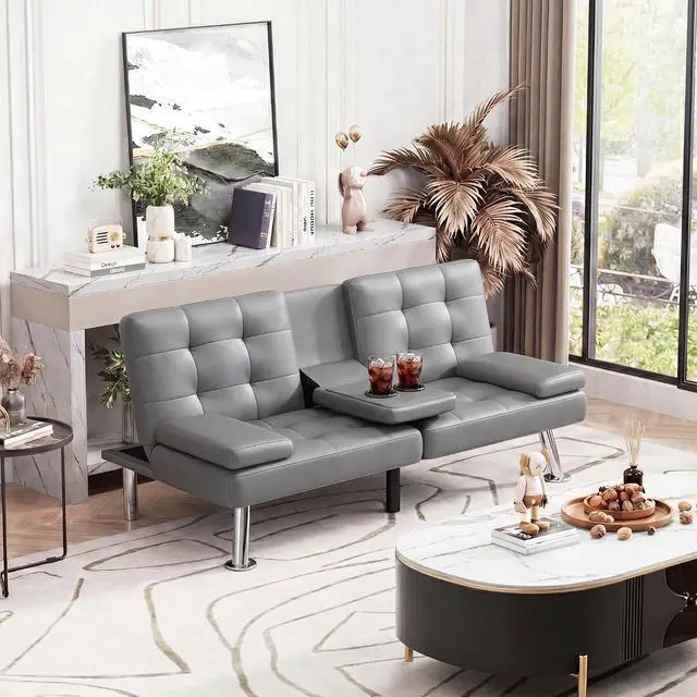 Alt view image 7 of 7 - Futon Sofa Bed, Leather Futon Couch with Removable Armrests, Adjustable Recliner Sleeper Sofa Bed with Dual Cup Holders for Living Room, Apartment, Office (Gray)