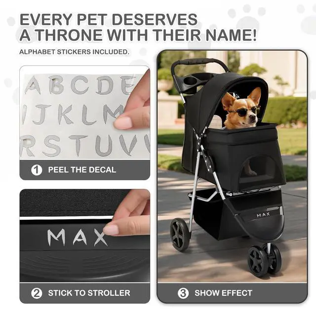 Alt view image 6 of 7 - Foldable Pet Stroller with Weather Cover, 3 Wheels Pet Strolling Cart for Small/Medium Dogs and Cats with Storage Basket and Cup Holder, Breathable and Visible Mesh for All-Season, Black