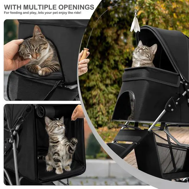 Alt view image 5 of 7 - Foldable Pet Stroller with Weather Cover, 3 Wheels Pet Strolling Cart for Small/Medium Dogs and Cats with Storage Basket and Cup Holder, Breathable and Visible Mesh for All-Season, Black