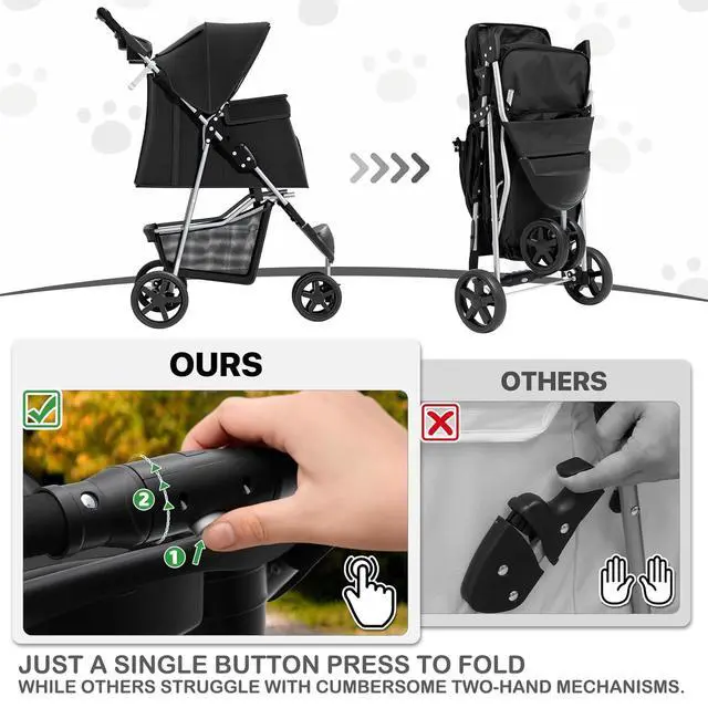 Alt view image 7 of 7 - Foldable Pet Stroller with Weather Cover, 3 Wheels Pet Strolling Cart for Small/Medium Dogs and Cats with Storage Basket and Cup Holder, Breathable and Visible Mesh for All-Season, Black