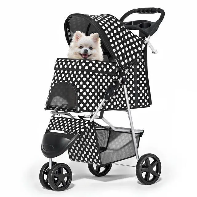 Main image of 3 Wheels Pet Dog Cat Stroller for Small Medium Dogs Cats, Foldable Jogger Stroller w/Storage Basket and Cup Holder, Black Polka Dots