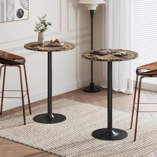 Alt view image 2 of 7 - Round Bistro Pub Table Modern Style Metal Base MDF Top Cocktail Bar Table Counter Bar Height for Pub, Dining Room, Party (4, Marble-Black)