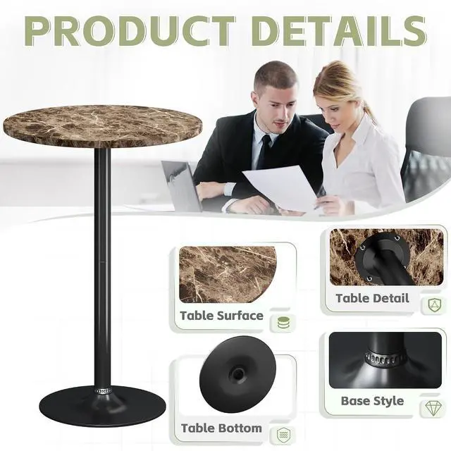 Alt view image 4 of 7 - Round Bistro Pub Table Modern Style Metal Base MDF Top Cocktail Bar Table Counter Bar Height for Pub, Dining Room, Party (4, Marble-Black)