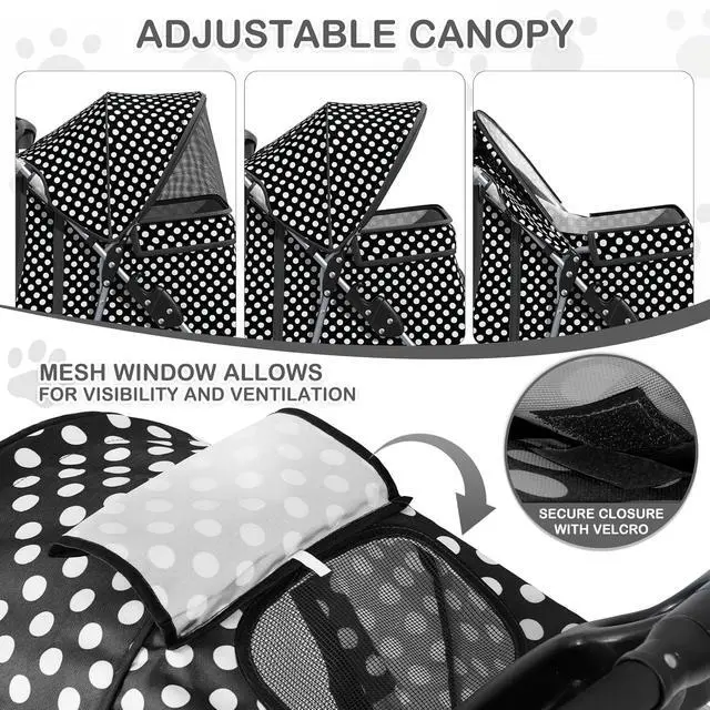 Alt view image 4 of 7 - 3 Wheels Pet Dog Cat Stroller for Small Medium Dogs Cats, Foldable Jogger Stroller w/Storage Basket and Cup Holder, Black Polka Dots