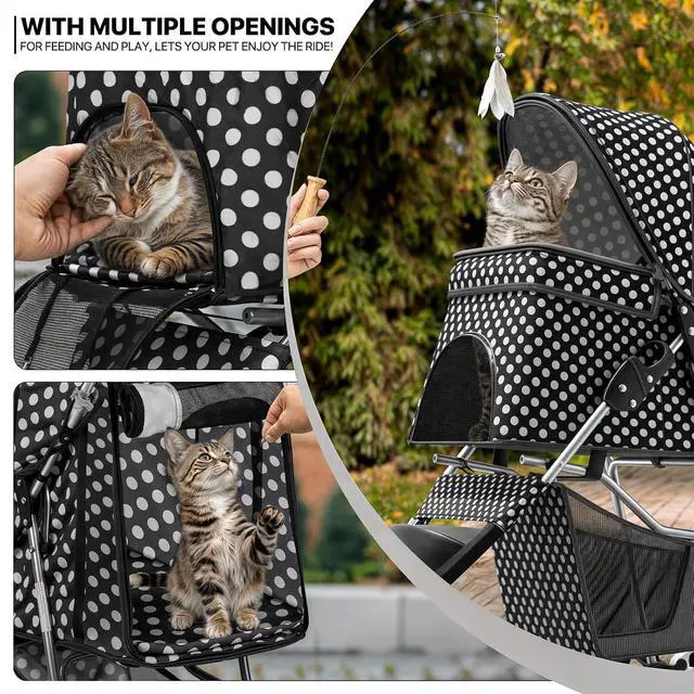 Alt view image 5 of 7 - 3 Wheels Pet Dog Cat Stroller for Small Medium Dogs Cats, Foldable Jogger Stroller w/Storage Basket and Cup Holder, Black Polka Dots