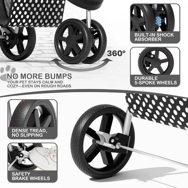 Alt view image 3 of 7 - 3 Wheels Pet Dog Cat Stroller for Small Medium Dogs Cats, Foldable Jogger Stroller w/Storage Basket and Cup Holder, Black Polka Dots