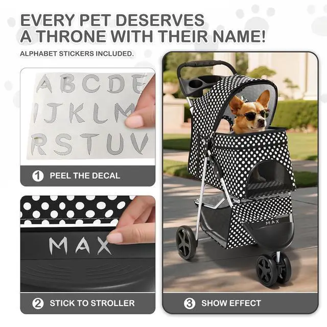 Alt view image 6 of 7 - 3 Wheels Pet Dog Cat Stroller for Small Medium Dogs Cats, Foldable Jogger Stroller w/Storage Basket and Cup Holder, Black Polka Dots