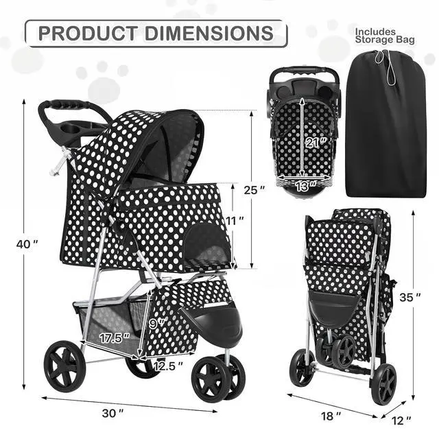 Alt view image 2 of 7 - 3 Wheels Pet Dog Cat Stroller for Small Medium Dogs Cats, Foldable Jogger Stroller w/Storage Basket and Cup Holder, Black Polka Dots