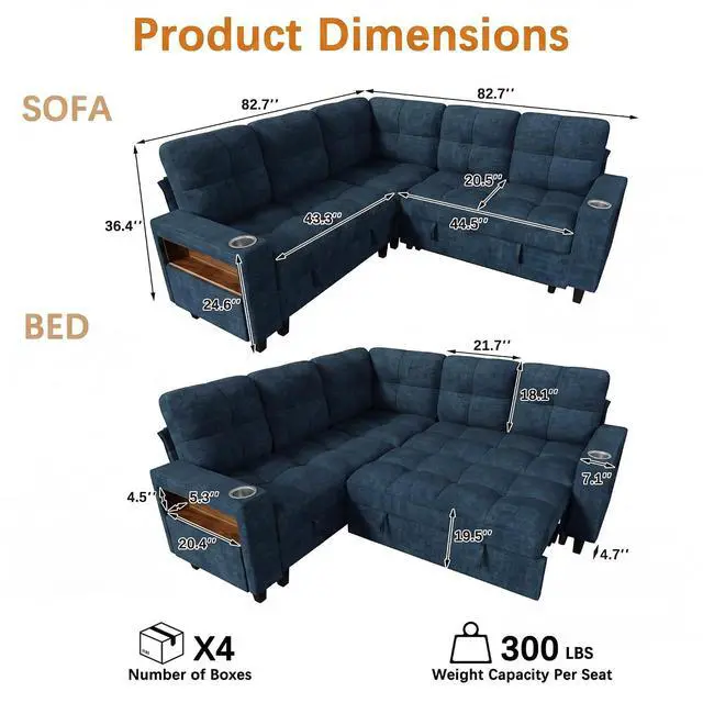 Alt view image 3 of 7 - 83" Modular Sectional Sofa with Pull Out Bed, Sectional Couch | Multiple Storage, USB & Type-C Charging, LED Lighting, 2 Cup Holder, L/U Shaped, Chenille, for Living Room, Apartment, Blue