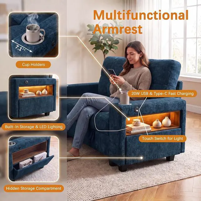 Alt view image 4 of 7 - 83" Modular Sectional Sofa with Pull Out Bed, Sectional Couch | Multiple Storage, USB & Type-C Charging, LED Lighting, 2 Cup Holder, L/U Shaped, Chenille, for Living Room, Apartment, Blue