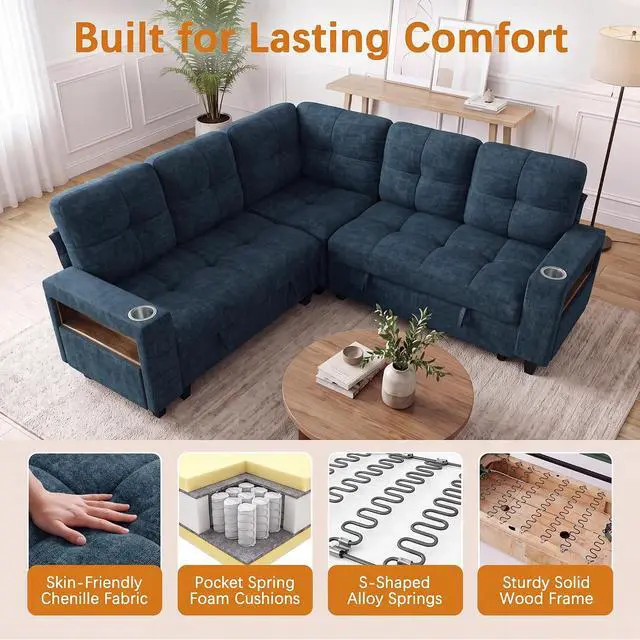 Alt view image 5 of 7 - 83" Modular Sectional Sofa with Pull Out Bed, Sectional Couch | Multiple Storage, USB & Type-C Charging, LED Lighting, 2 Cup Holder, L/U Shaped, Chenille, for Living Room, Apartment, Blue