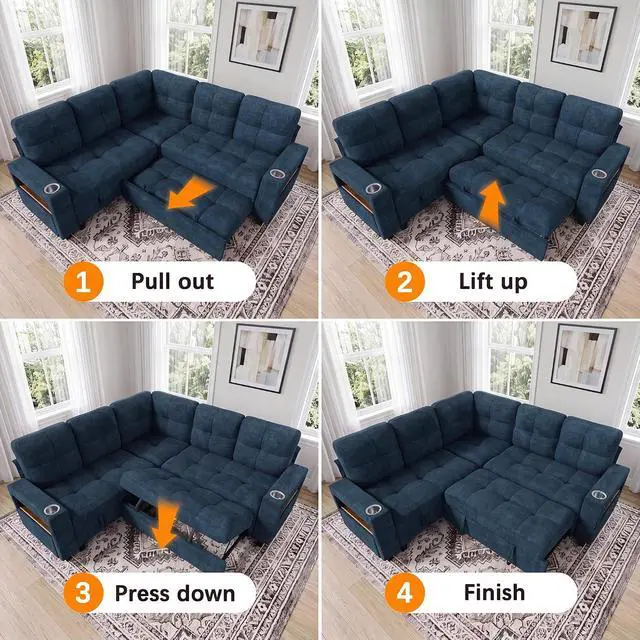 Alt view image 7 of 7 - 83" Modular Sectional Sofa with Pull Out Bed, Sectional Couch | Multiple Storage, USB & Type-C Charging, LED Lighting, 2 Cup Holder, L/U Shaped, Chenille, for Living Room, Apartment, Blue