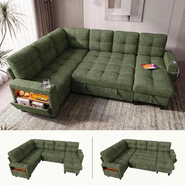 Main image of 108" Modular Sectional Sofa with Pull Out Bed, Sectional Couch | Multiple Storage, USB & Type-C Charging, LED Lighting, 2 Cup Holder, L/U Shaped, Chenille, for Living Room, Apartment, Green