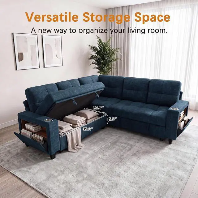 Alt view image 6 of 7 - 83" Modular Sectional Sofa with Pull Out Bed, Sectional Couch | Multiple Storage, USB & Type-C Charging, LED Lighting, 2 Cup Holder, L/U Shaped, Chenille, for Living Room, Apartment, Blue