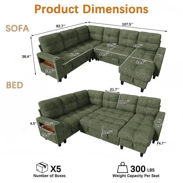 Alt view image 3 of 7 - 108" Modular Sectional Sofa with Pull Out Bed, Sectional Couch | Multiple Storage, USB & Type-C Charging, LED Lighting, 2 Cup Holder, L/U Shaped, Chenille, for Living Room, Apartment, Green