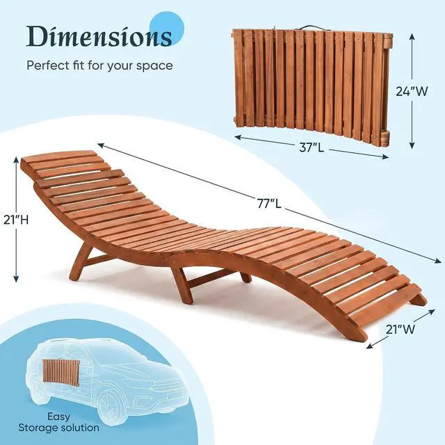 Alt view image 2 of 7 - Lounge Chairs for Outside Folding Acacia Wood Chaise Lounge with Side Handle Sun Lounger for Poolside, Lawn, Backyard (1 Piece)