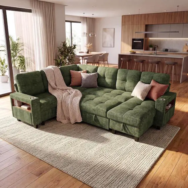Alt view image 2 of 7 - 108" Modular Sectional Sofa with Pull Out Bed, Sectional Couch | Multiple Storage, USB & Type-C Charging, LED Lighting, 2 Cup Holder, L/U Shaped, Chenille, for Living Room, Apartment, Green