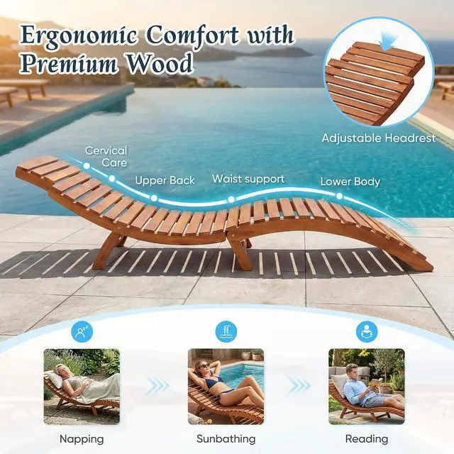Alt view image 4 of 7 - Lounge Chairs for Outside Folding Acacia Wood Chaise Lounge with Side Handle Sun Lounger for Poolside, Lawn, Backyard (1 Piece)