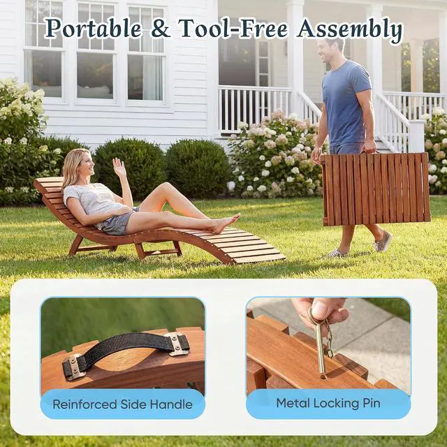 Alt view image 5 of 7 - Lounge Chairs for Outside Folding Acacia Wood Chaise Lounge with Side Handle Sun Lounger for Poolside, Lawn, Backyard (1 Piece)