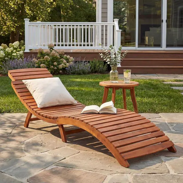 Main image of Lounge Chairs for Outside Folding Acacia Wood Chaise Lounge with Side Handle Sun Lounger for Poolside, Lawn, Backyard (1 Piece)