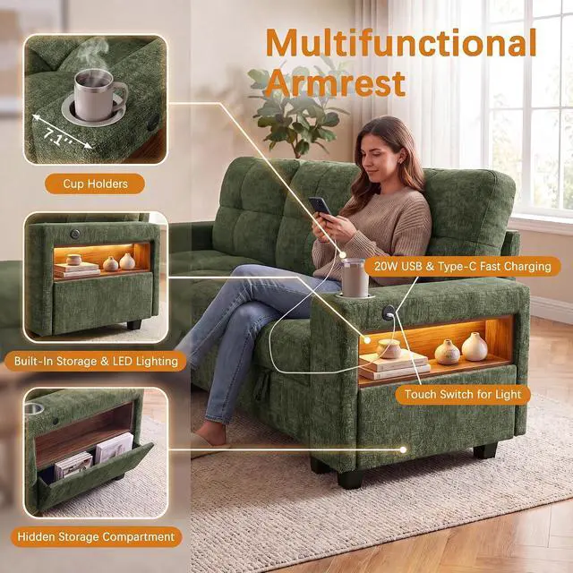 Alt view image 4 of 7 - 108" Modular Sectional Sofa with Pull Out Bed, Sectional Couch | Multiple Storage, USB & Type-C Charging, LED Lighting, 2 Cup Holder, L/U Shaped, Chenille, for Living Room, Apartment, Green