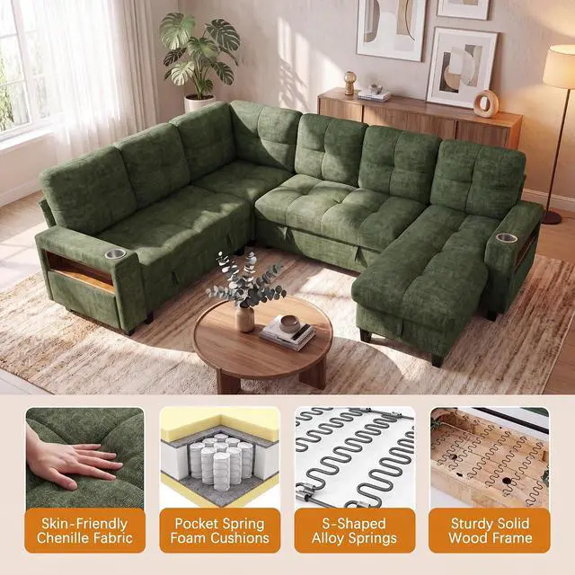 Alt view image 5 of 7 - 108" Modular Sectional Sofa with Pull Out Bed, Sectional Couch | Multiple Storage, USB & Type-C Charging, LED Lighting, 2 Cup Holder, L/U Shaped, Chenille, for Living Room, Apartment, Green