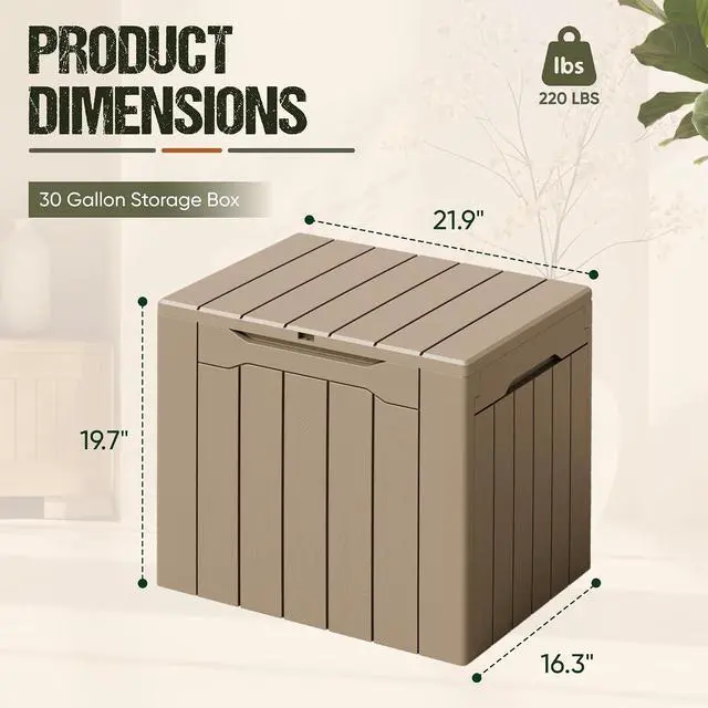 Alt view image 6 of 7 - Deck Box 30 Gallon, Waterproof Resin Small Storage Box with Lid, Outdoor Patio Furniture Cushion Garden Tool Organizer, Lockable Package Delivery Box for Porch Balcony (Brown)